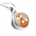 Close-up of double-sided glass ball fox pendant with a polished silver bead chain - Orange Fox Face Style (JY001610-9)