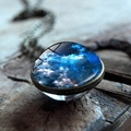 Macro view of a double-sided nebula glass ball pendant on a vintage bronze base - Blue White Nebula(JY001706-1)