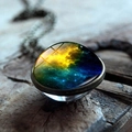 Macro shot of nebula glass sphere pendant with vintage metal base on rustic wood - Yellow Green Blue Starry Sky(JY001706-2)