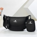 Borsa a tracolla a mezzaluna nera minimalista con tracolla larga e mini portamonete - Stile Logo Kangourou in Metallo (Stile 3)