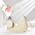 Chic beige woven crescent underarm bag with a round coin purse and metal triangle detail - Off White