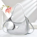 Silver woven crescent underarm bag with matching round coin purse and metal triangle plate - Silver