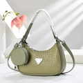 Light green woven crescent bag with round coin purse and silver metal triangle plaque - Green