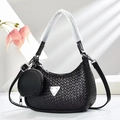 Black woven half-moon hobo bag with mini pouch and signature triangular plaque detail - Black