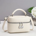 Detail view of milky white leather handbag with silver hardware and dual zippers - Off White
