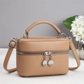 Minimalist beige pebble leather square crossbody handbag with dual zippers and top handle - Khaki