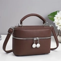 Minimalist dark brown lychee leather crossbody handbag with silver dual zipper and top handle - Coffee