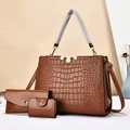 Dreiteiliges braunes Taschenset mit Krokodilleder-Prägung, Handtasche und Geldbörse - Erdgelb