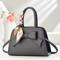 Elegant dark grey bow handbag with litchi texture and fashion printed silk scarf - Bowknot Decor Style (917-28) / Gray