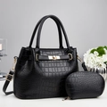 Black crocodile pattern tote bag set with matching small pouch and gold hardware - 32*13*22cm / Black