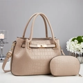 Large beige crocodile pattern tote bag set with matching coin purse and gold chain strap - Khaki