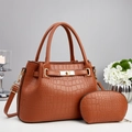 Brown crocodile embossed leather handbag set with gold lock and matching coin purse - 32*13*22cm / Earthy Yellow