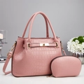 Pink crocodile pattern shoulder bag and matching purse set with gold hardware details - 32*13*22cm / Pink