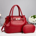 Red crocodile pattern large capacity handbag two-piece set with gold hardware and strap - Burgundy