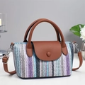Striped woven shoulder bag with leather handle and decorative buckle for beach vacation - Purple