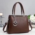 Dark brown lychee pattern leather tote bag with silver ring charm and crossbody strap - Coffee