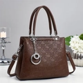Brown textured large capacity handbag with checkered pattern and silver metal charm - Coffee