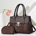 Brown leather handbag with snakeskin texture and matching coin purse set for women - Coffee