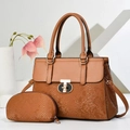 Brown faux snakeskin tote bag set with golden hardware and matching pouch for women - Earthy Yellow