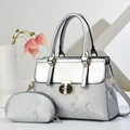 Close-up of silver tote bag set with snakeskin texture and gold metal buckle detail - Silver