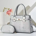 Silver snakeskin tote bag set with metal turn-lock and matching round zipper pouch - Silver