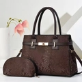 Dark brown snakeskin textured tote bag set with golden turn-lock and small matching pouch - Coffee