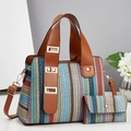 Borsa tote in tessuto a righe colorate con manici in pelle e pochette coordinata - Blu
