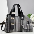 Set borsa tote intrecciata capiente con tracolla regolabile e dettagli in metallo dorato - Nero