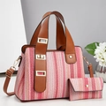 Pink and beige striped woven tote bag with brown leather straps and matching pouch - Pink