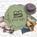 Detail of Book Nerd print on green crewneck sweatshirt with glasses and books - S / Olive Green (Black Font)