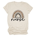 Beige cotton t-shirt for nurses featuring leopard rainbow and stethoscope heart print - S / Sand (Black Text)
