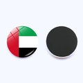 Vista anteriore e posteriore di un magnete tondo in vetro da 25mm bandiera EAU - Emirati Arabi Uniti