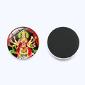 Detail view of 25mm Hindu Goddess Durga glass fridge magnet showing front and magnetic back - Goddess Durga Sunset Background Style (JY001916-7)