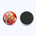 Detail of round glass fridge magnets featuring Hindu Goddess Durga and magnetic backing - Goddess Durga Red Background Style (JY001916-9)