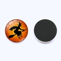 Detail of Halloween glass magnet showing witch silhouette and the round black magnetic backing - Witch on Broom Style (JY002045-9)