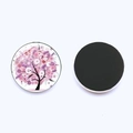 Macro view of 25mm round glass Tree of Life magnet showing both floral pattern and magnetic back - Purple Floral Tree (JY001932-7)