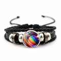 Geflochtenes Lederarmband mit Galaxie-Thema und Planeten-Glasjuwel sowie Silberperlen - Buntes Planetenmuster (JY002075-1)