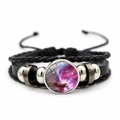 Detail of multi-layer leather bracelet featuring galaxy glass dome and metal beads - Pink Purple Galaxy (JY002075-5)