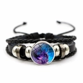 Close-up of woven leather bracelet with galaxy nebula glass dome and metal beads - Deep Blue Purple Galaxy (JY002075-6)