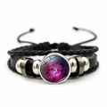 Detailed macro view of universe galaxy glass gem bead on black braided leather bracelet - Purple Pink Nebula (JY002075-7)