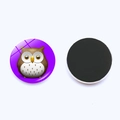 Detail showing two round owl glass magnets with purple cartoon print and black magnetic back - Purple Background Brown Owl (JY001968-6)