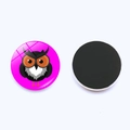 Detail view of round 30mm glass fridge magnet featuring a pink owl design and magnetic back - Bright Pink Background Grey Owl (JY001968-7)