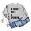Close-up of Weekends Coffee Baseball text print on grey cotton blend sweatshirt - Gray