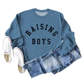 Flat lay of blue sweatshirt with Raising Boys print, styled with jeans and sneakers - S / Blue (Black Font)