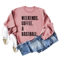Pink oversized sweatshirt with Weekends Coffee Baseball text print on white background - Rose Gold