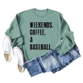 Flat lay of sage green crewneck sweatshirt with Weekends Coffee Baseball slogan print - Light Green