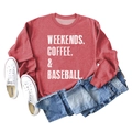 Flat lay of a red sweatshirt with vintage Weekends Coffee Baseball text and blue jeans - Red