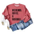 Flat lay of heather red long sleeve sweatshirt with Weekends Coffee Baseball print - Heather Red