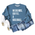 Flat lay of a blue Weekends Coffee Baseball sweatshirt styled with jeans and sneakers - Blue