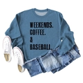 Close-up of Weekends Coffee Baseball text print on blue long sleeve cotton sweatshirt - Medium Blue